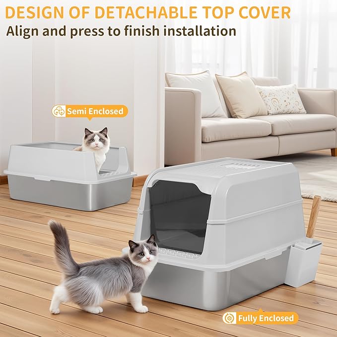 Stainless Steel Litter Box with Lid, XL Extra Large Cat Litter Box, Enclosed Metal Litter Pan with High Sided Enclosure &amp; Scoop, Anti Leakage, Easy to Clean, Odor Control (White)