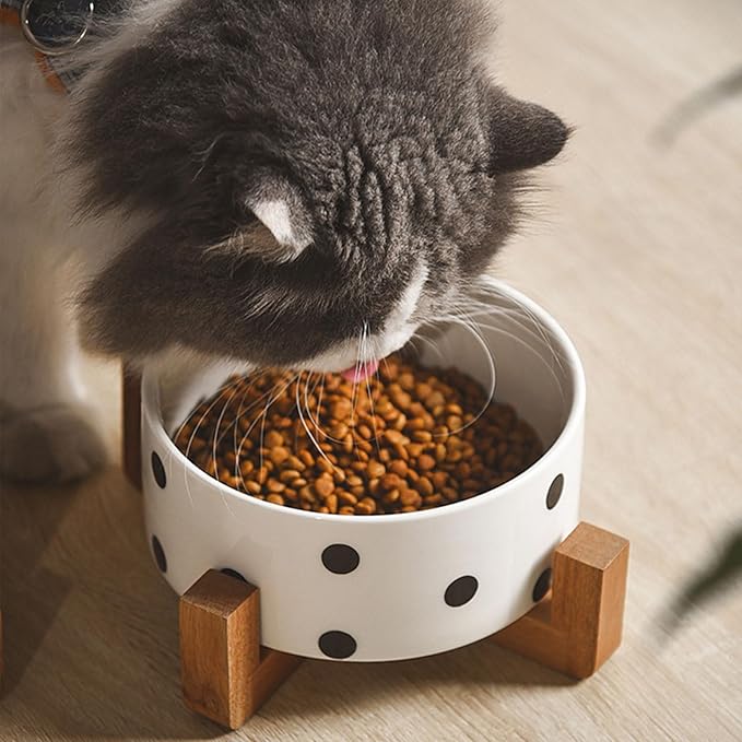 Petygooing Ceramic Dog Bowl Set with Stand - Cat &amp; Dog Food and Water Bowl, Medium Size - Anti-Slip, 28 OZ / 3.6 Cups, Black Dot