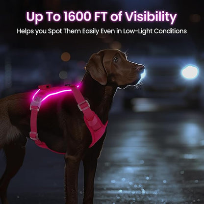 Light Up Dog Harness,Reflective Pet Harness Rechargeable,Led Dog Vest Harness for Night Walking,Adjustable Dog Safety Vest for Small Medium Large Dogs-No Pull,Pink,XL