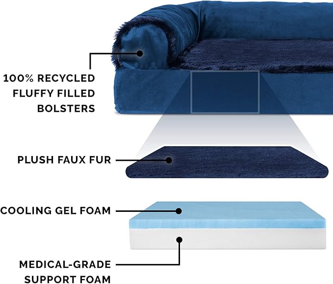 Furhaven Cooling Gel Dog Bed for Large Dogs w/ Removable Bolsters &amp; Washable Cover, For Dogs Up to 125 lbs - Plush &amp; Velvet L Shaped Chaise - Deep Sapphire, Jumbo Plus/XXL