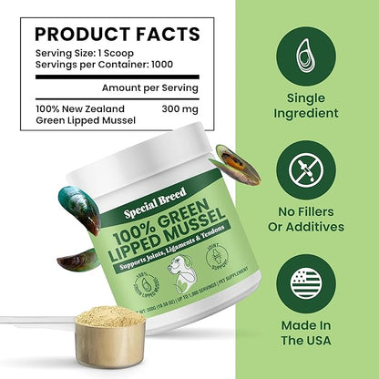 Green Lipped Mussel Powder for Dogs &amp; Cats - 100% New Zealand Green Lipped Mussels - Natural Hip &amp; Joint Supplement for Joints, Tendons, Ligaments, Muscles - 300 Grams - Up to 1,000 Servings