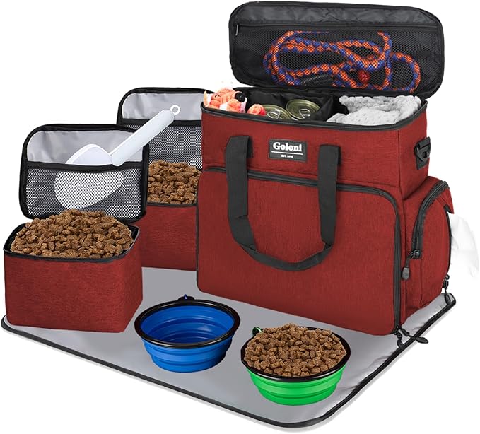 Dog Travel Bag Airline Approved–Pet Travel Tote with Collapsible Bowls,Food Containers &amp; Feeding Mat–Multi-Pocket Organizer for Dogs &amp; Cats, Durable &amp; Water-Resistant for Hiking,Trips,Outdoors