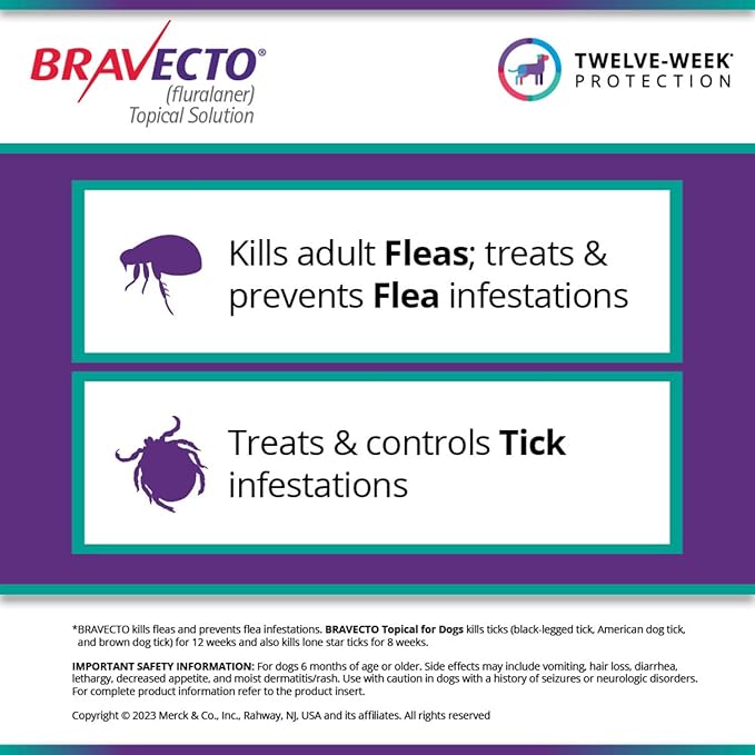 BRAVECTO Topical Solution for Dogs, Flea &amp; Tick, 12 Week Supply, >88-123 lbs., Pink Box