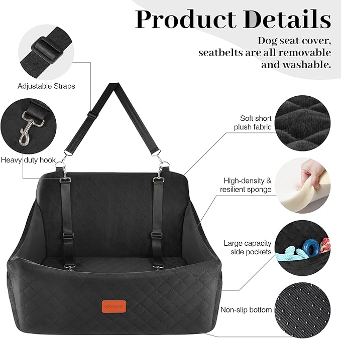 Dog Car Seat for Medium &amp; Large Dogs Up to 55lbs, Memory Foam Cushion, Washable Cover, Safety Straps &amp; Non-Slip Bottom(Black,Large)