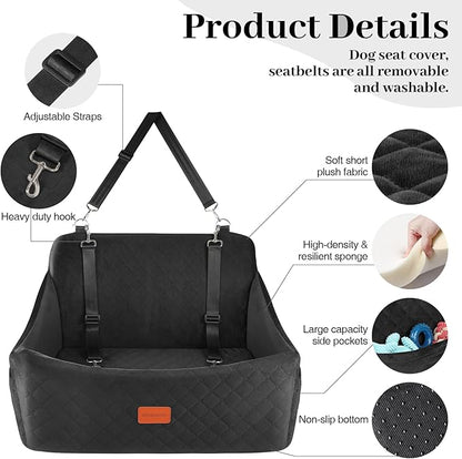 Dog Car Seat for Medium &amp; Large Dogs Up to 55lbs, Memory Foam Cushion, Washable Cover, Safety Straps &amp; Non-Slip Bottom(Black,Large)