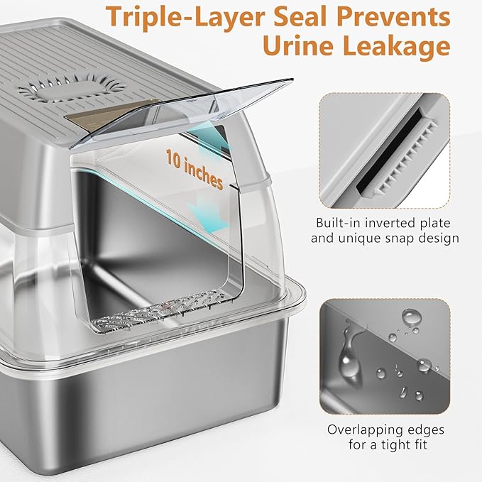 Stainless Steel Cat Litter Box with Lid, XL Extra Large Litter Box for Big Cats, Enclosed Removable Metal Litter Boxs with High Sided Enclosure &amp; Scoop, Anti-Leakage, Non-Sticky, Easy Cleaning(Grey)