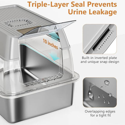 Stainless Steel Cat Litter Box with Lid, XL Extra Large Litter Box for Big Cats, Enclosed Removable Metal Litter Boxs with High Sided Enclosure &amp; Scoop, Anti-Leakage, Non-Sticky, Easy Cleaning(Grey)