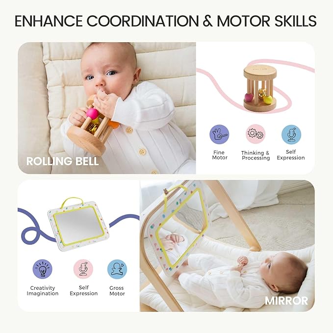 Tiny Land Montessori Baby Toy Set 0-3 Months Newborn Development Sensory Play Kit - 5-in-1 Mirror, Black &amp; White Card Set, Rolling Bell, Play Mat, and Bed Wrap