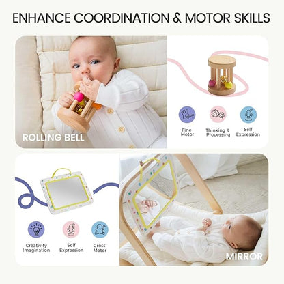 Tiny Land Montessori Baby Toy Set 0-3 Months Newborn Development Sensory Play Kit - 5-in-1 Mirror, Black &amp; White Card Set, Rolling Bell, Play Mat, and Bed Wrap