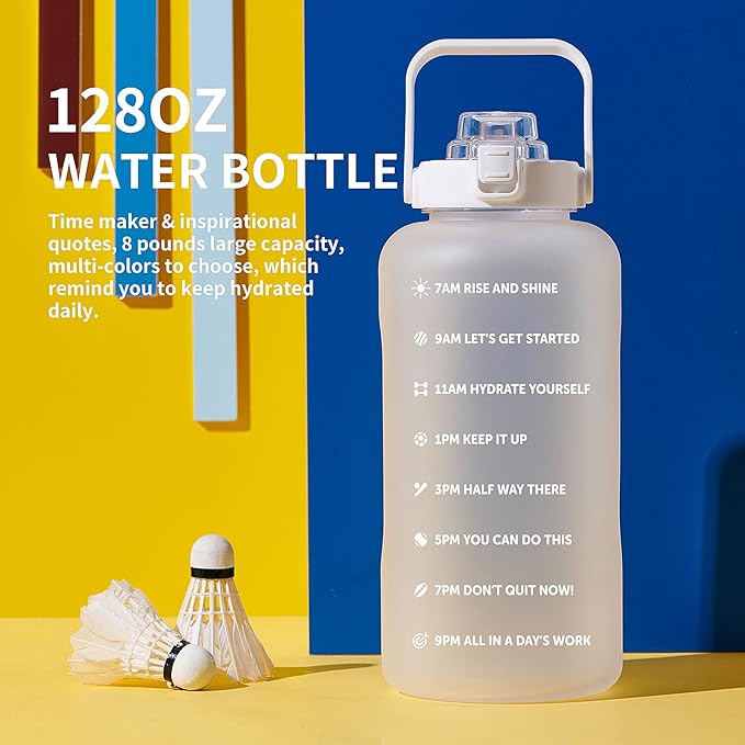 64oz,100oz,128oz Large Motivational Water Bottle with Time Marker, Leakproof &amp; BPA Free Half Gallon Big Water Bottle with Straw Handle Tritan Frosted Water Jug for Gym,Fitness,Outdoor Sports