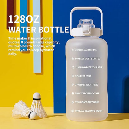 64oz,100oz,128oz Large Motivational Water Bottle with Time Marker, Leakproof &amp; BPA Free Half Gallon Big Water Bottle with Straw Handle Tritan Frosted Water Jug for Gym,Fitness,Outdoor Sports