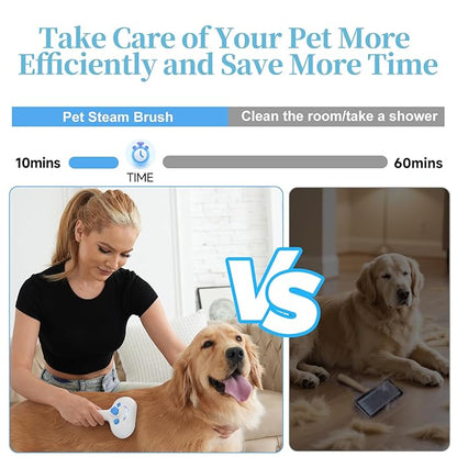 Pet Steam Brush for Dog &amp; Cat - 3-in-1 Steam Grooming Brush for Shedding &amp; Hair Removal - Self Cleaning Spray Comb with Mist for Long Haired Pets - Includes 2*Waterless Shampoo, Blue