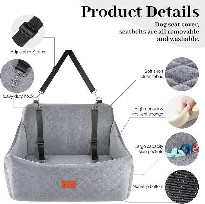 Dog Car Seat for Medium &amp; Large Dogs Up to 55lbs, Memory Foam Cushion, Washable Cover, Safety Straps &amp; Non-Slip Base(Grey,Large)