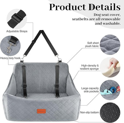Dog Car Seat for Medium &amp; Large Dogs Up to 55lbs, Memory Foam Cushion, Washable Cover, Safety Straps &amp; Non-Slip Base(Grey,Large)