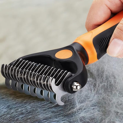 Pet Grooming Tool - 2 Sided Undercoat Rake for Cats and Dogs - Safe Dematting Comb for Easy Mats &amp; Tangles Removing - No More Nasty Shedding and Flying Hair