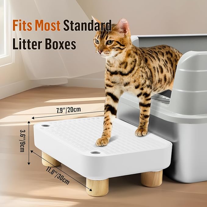 Cat Litter Box Step Ramp, Cat Litter Catcher Mat with Wooden Feet, Filter Function, Cat Pedal Stool for Self-Cleaning Cat Litter Box, Ideal for Kitten &amp; Elderly Cats (White)