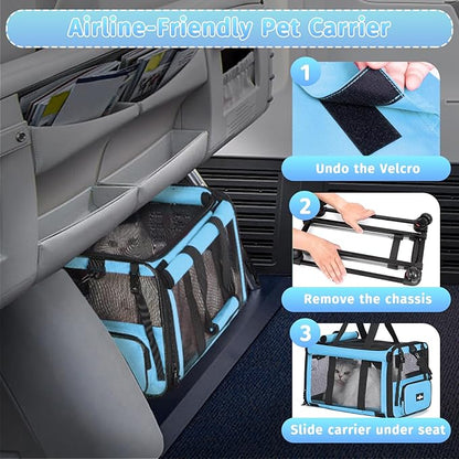 Pet Carrier with Wheels, Durable Airline Approved Cat Crate, Foldable Rolling Dog Carrier, Cat Rolling Bag for Cat &amp;Dog, Use for Travel, Outdoor, Vet Visits, Camping, Indoor. Blue.