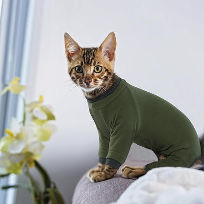 PUMYPOREITY Sticky Cat Clothes - Soft Cat Sweaters &amp; Pajamas for Recovery &amp; Hair Loss Prevention, Green, XS