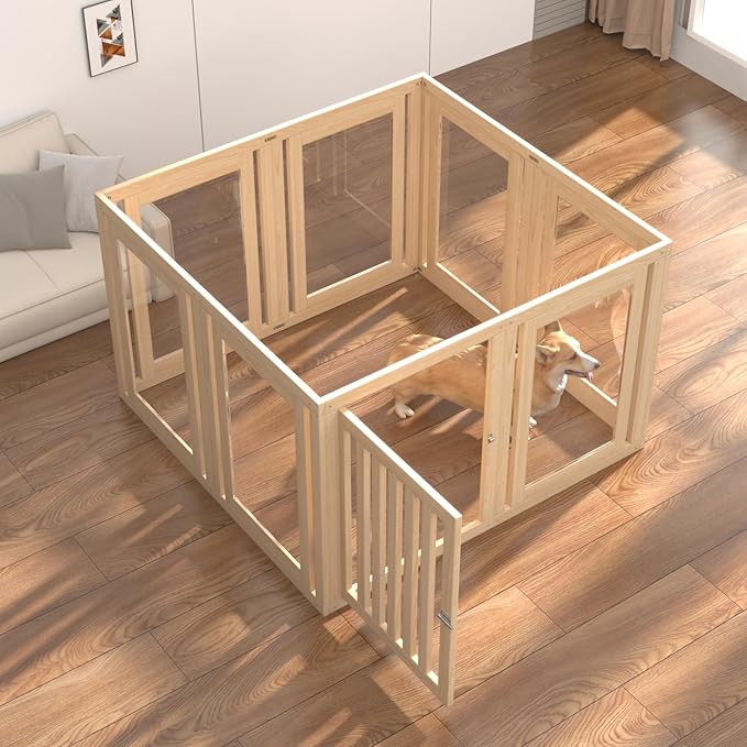8 Panels Dog Playpen with Door, 23.6" H Pet Playpen Indoor, Clear Acrylic Puppy Playpens, Wooden Puppy Fence with Gate, Transparent Dog Pens, Pet Pen Indoor for Dogs, Cats, Rabbit, Small and Medium