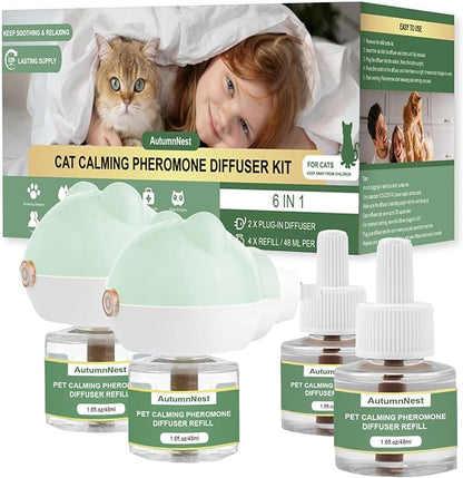 Cat Calming Diffuser Kit with 2 Plug-in &amp; 4 Refills, Pheromone Diffuser for Cats Reducing Fighting, Scratching, Urine, Aggression, Anxiety, Fireworks, Vet Visits, Travel, 120 Day Supply, Safe Formula