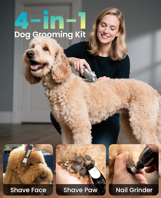oneisall Dog Clippers for Grooming Thick/Heavy Coats, 4-in-1 Dog Grooming Kit Low Noise with Stainless Steel Blade, Cordless Dogs Paw Trimmer Pet Nail Grinder for Small &amp; Large Dogs Cats Animals