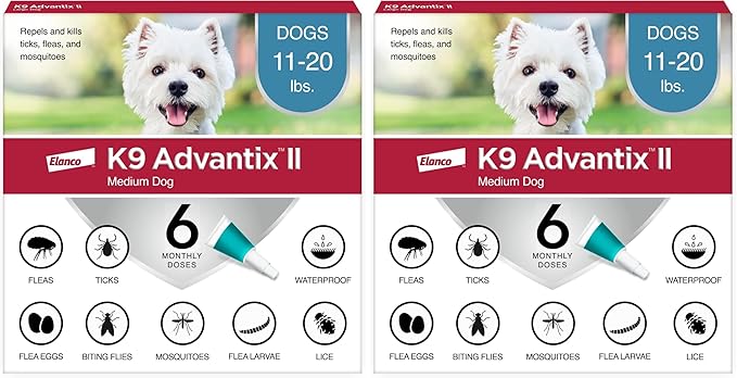 K9 Advantix II Medium Dog Vet-Recommended Flea, Tick &amp; Mosquito Treatment &amp; Prevention | Dogs 11-20 lbs. | 6-Mo Supply (Pack of 2)