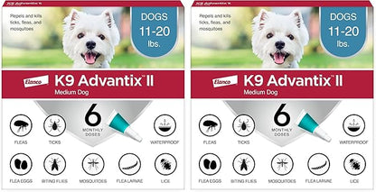 K9 Advantix II Medium Dog Vet-Recommended Flea, Tick &amp; Mosquito Treatment &amp; Prevention | Dogs 11-20 lbs. | 6-Mo Supply (Pack of 2)