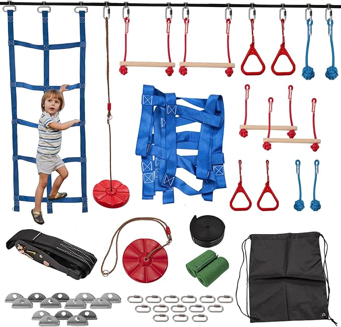 Slsy Ninja Warrior Obstacle Course for Kids, 50FT Durable Ninja Slackline Kit with 8 Complete Accessories, Playset Equipment with Swing, Climbing Net, Ladder &amp; Monkey Bars (8 Obstacles)