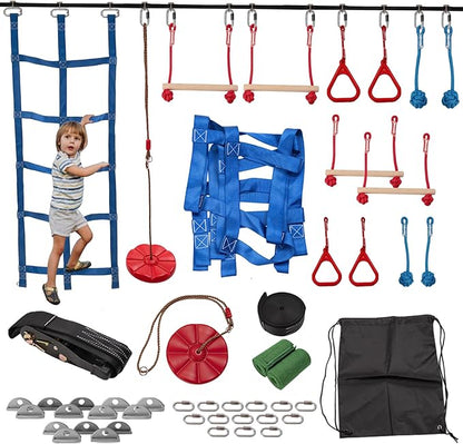Slsy Ninja Warrior Obstacle Course for Kids, 50FT Durable Ninja Slackline Kit with 8 Complete Accessories, Playset Equipment with Swing, Climbing Net, Ladder &amp; Monkey Bars (8 Obstacles)