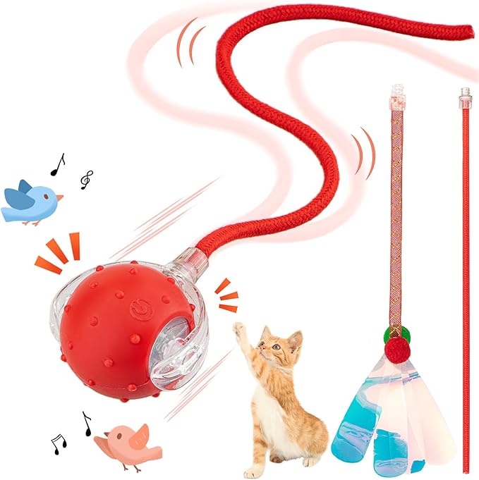 Interactive Cat Toys Ball for Indoor Cats, Automatic Agile Rolling Cat Ball with Elastic Mesh Tail, Bird Chirping &amp; Motion Activated, 2 Tail Accessories, Kitten Toy for Bored (Red)