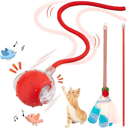 Interactive Cat Toys Ball for Indoor Cats, Automatic Agile Rolling Cat Ball with Elastic Mesh Tail, Bird Chirping &amp; Motion Activated, 2 Tail Accessories, Kitten Toy for Bored (Red)