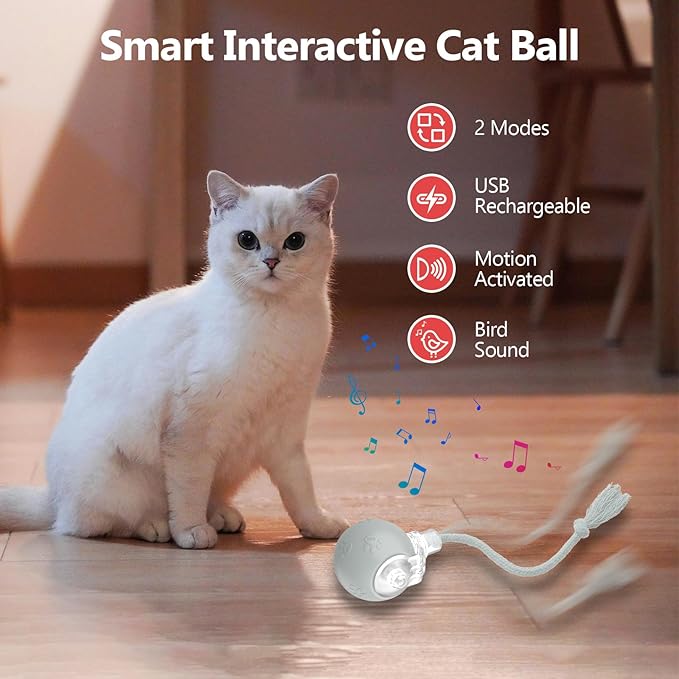 Interactive Cat Toys, Automatic Moving Cat Toy for Bored Indoor Adult Cats, Fast Rolling, Chirping &amp; Motion-Activated Cat Toys, Fun Gift for Cats with Speedy Tail 2.0, USB Rechargeable(Gray)