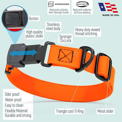 Dogline Biothane Waterproof Dog Collar with Herm Sprenger Black Stainless Steel Quick Release Buckle – Heavy Duty Tactical Durable Collar for Dogs – Comfortable and Safe Pet Collar W1 L 15-25" Orange