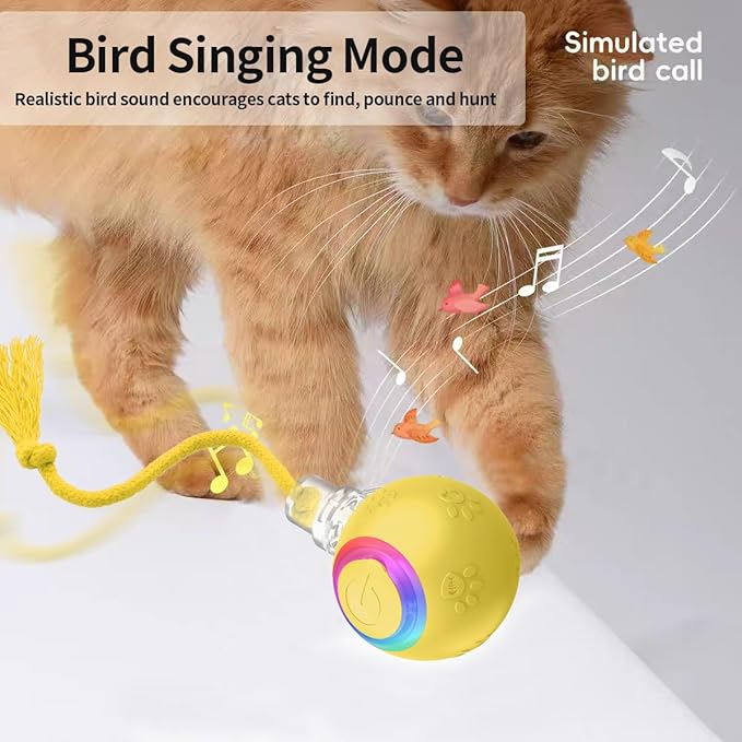 Interactive Cat Toys, Automatic Moving Cat Toys for Bored Indoor Adult Cats, Fast Rolling, Chirping &amp; Motion-Activated Kitty Toys, Fun Gift for Cats with Speedy Tail 2.0, USB Rechargeable, Yellow