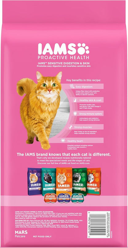 Iams IAMS PROACTIVE HEALTH Adult Sensitive Digestion &amp; Skin Dry Cat Food with Real Turkey Cat Kibble, 3 lb. Bag