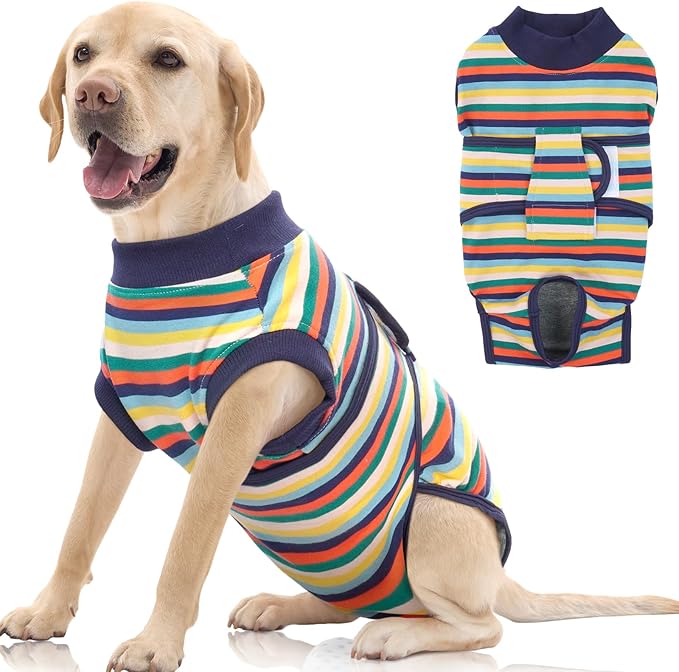FUAMEY Recovery Suit for Dogs After Surgery,Soft Breathable Dog Bodysuit E-Collar &amp; Cone Alternative Surgical Suit,Male Female Dog Neuter Spay Suits Anti Licking Wounds Onesie Dark Blue Stripes XL