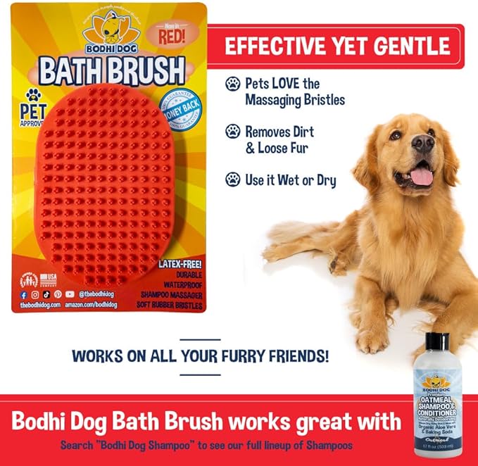 Bodhi Dog Shampoo Brush - Pet Grooming &amp; Bath Supplies for Dogs and Cats - Bath Brush for Long &amp; Short Hair - Premium Scrubber for Shower, Bathing &amp; Massage (One Pack, Red)
