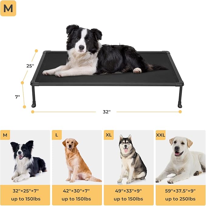 Veehoo Chewproof Elevated Dog Bed - Cooling Raised Pet Cot, Breathable Mesh, Washable &amp; Non-Slip for Medium Dogs, Indoor/Outdoor, Black Mat and Black Frame, 32x25inches (Model CWC2203A03)