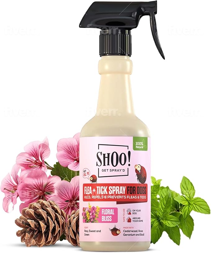 Shoo! Flea &amp; Tick Spray for Dogs and Home | Plant Based, Natural Oils, Chemical Free Formula | Kills, Repels, Prevents | 16 oz (Floral Bliss)