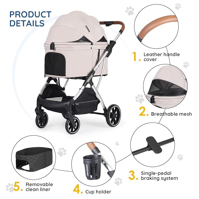 T5 Luxury Pet Stroller for Medium Dog Under 60lbs or 2 Small Dogs &amp; Cats with 180 ̊Canopy, Sun Shades, Auto-Folding Stroller for Multiple Pets（Beige）