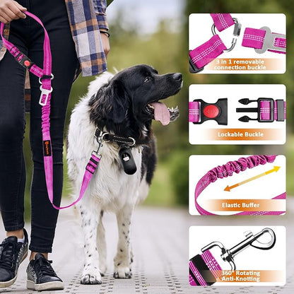 Removable Dog Seat Belt Harness for Car, 3 in 1 Pet Dog Car Seatbelt Leash, Retractable Restraint Secures to Vehicle Headrest &amp; Adjustable Reflective Bungee Dog Seatbelt Tether, Rose