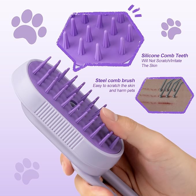 Steam Brush for Cat &amp; Dog – 3-in-1 Spritz Pet Spray Hair Removal Comb for Grooming &amp; Shedding Steam – Water Brush for Long &amp; Short Haired Pets– Includes Two Bottles Waterless Shampoo