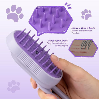 Steam Brush for Cat &amp; Dog – 3-in-1 Spritz Pet Spray Hair Removal Comb for Grooming &amp; Shedding Steam – Water Brush for Long &amp; Short Haired Pets– Includes Two Bottles Waterless Shampoo