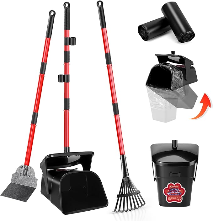 Pooper Scooper Swivel Bin &amp; Rake &amp; Spade with 60 Waste Bags, Heavy Duty Dog Poop Scooper for Large Medium Small Dogs, Long Stainless Steel Handle Use on Yard, Grass, Dirt or Gravel