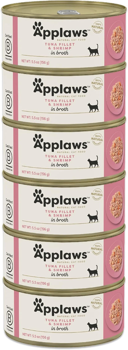 Applaws Natural Wet Cat Food in Broth, Limited Ingredient Canned Wet Cat Food, No Additives, Made with Natural Ingredients, Tuna Fillet &amp; Shrimp in Broth (6 x 5.5oz Cans)