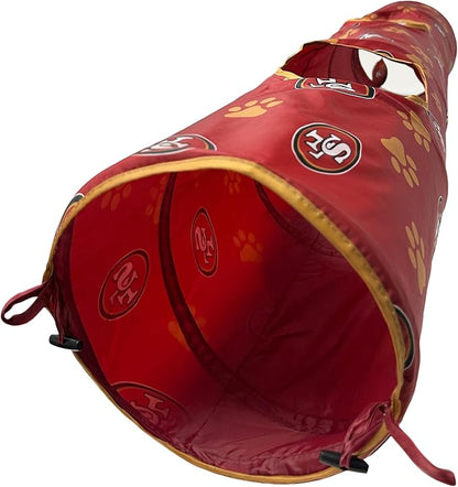 NFL San Francisco 49ers Cat Tunnel Tube Toy with Plush Football Catnip and Feathers Collapsible Tunnel for Cats to Play, Peek and Hide, Sporty &amp; Fun Cat Tunnel Toy with Team Logo All-Over Design!
