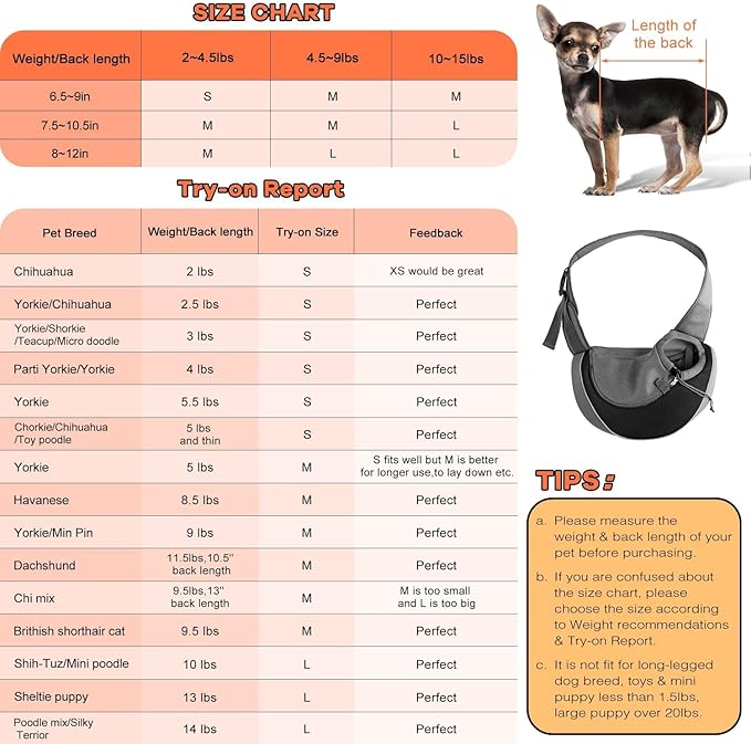 YUDODO Pet Sling Carrier for Small Dogs &amp; Cats – Hands-Free Puppy Carrier with Safety Hook, Large Zipper Pocket, Soft Breathable Mesh, Adjustable Strap &amp; Reflective Strip (Black 1.0 M)