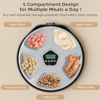 Automatic Pet Feeder for Wet &amp; Dry Food, 5-Meal Timer Dispenser with 2 Ice Packs, Programmable Smart Feeder for Cats/Dogs – Keep Food Fresh Longer (Pet Feeder with 2 Ice Cube Tray)