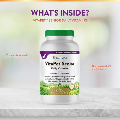 NaturVet –VitaPet Senior Daily Vitamins for Senior Dogs – Plus Glucosamine – Full Spectrum of Vitamins &amp; Minerals – Enhanced with Glucosamine for Added Joint Support – 60 Time Release Tablets