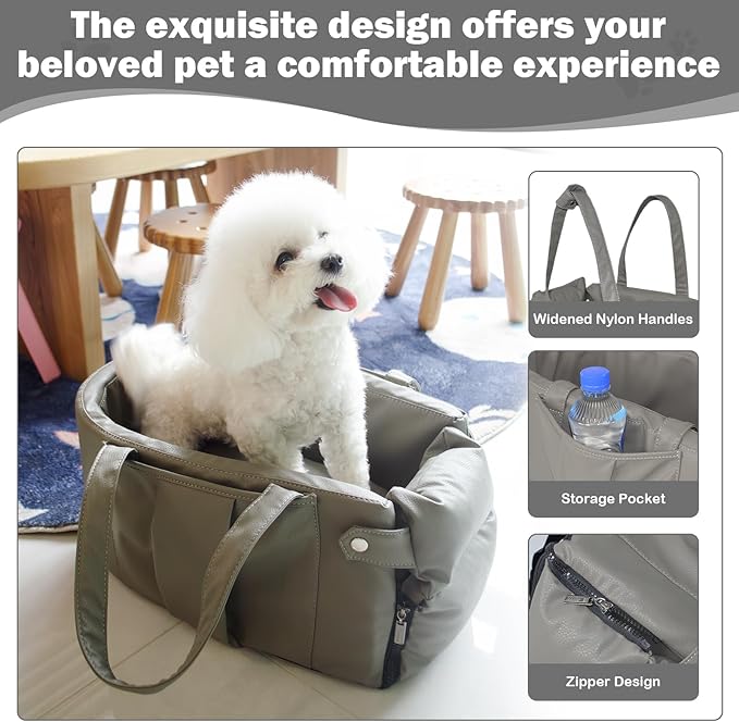 2 and 1 Center Console Dog Car Seat &amp; Carrier for Small Dogs, Large Leather Dog Car Bed with Storage Pocket, Waterproof PVC Leather Seat Travel Bed for Front &amp; Back Seat, Clip-On Safety Leash